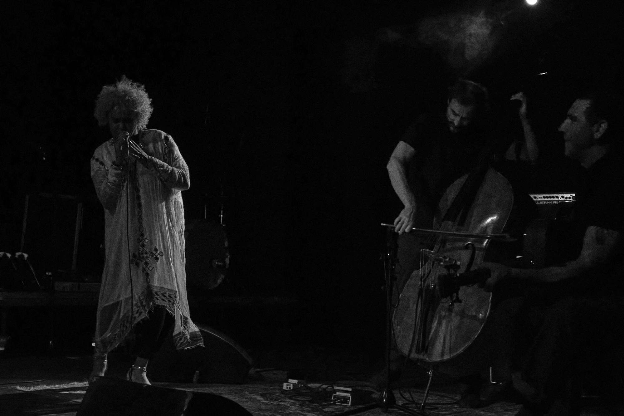 Black and white photo of ETENESH WASSIE performing at Meet Factory in Prague
